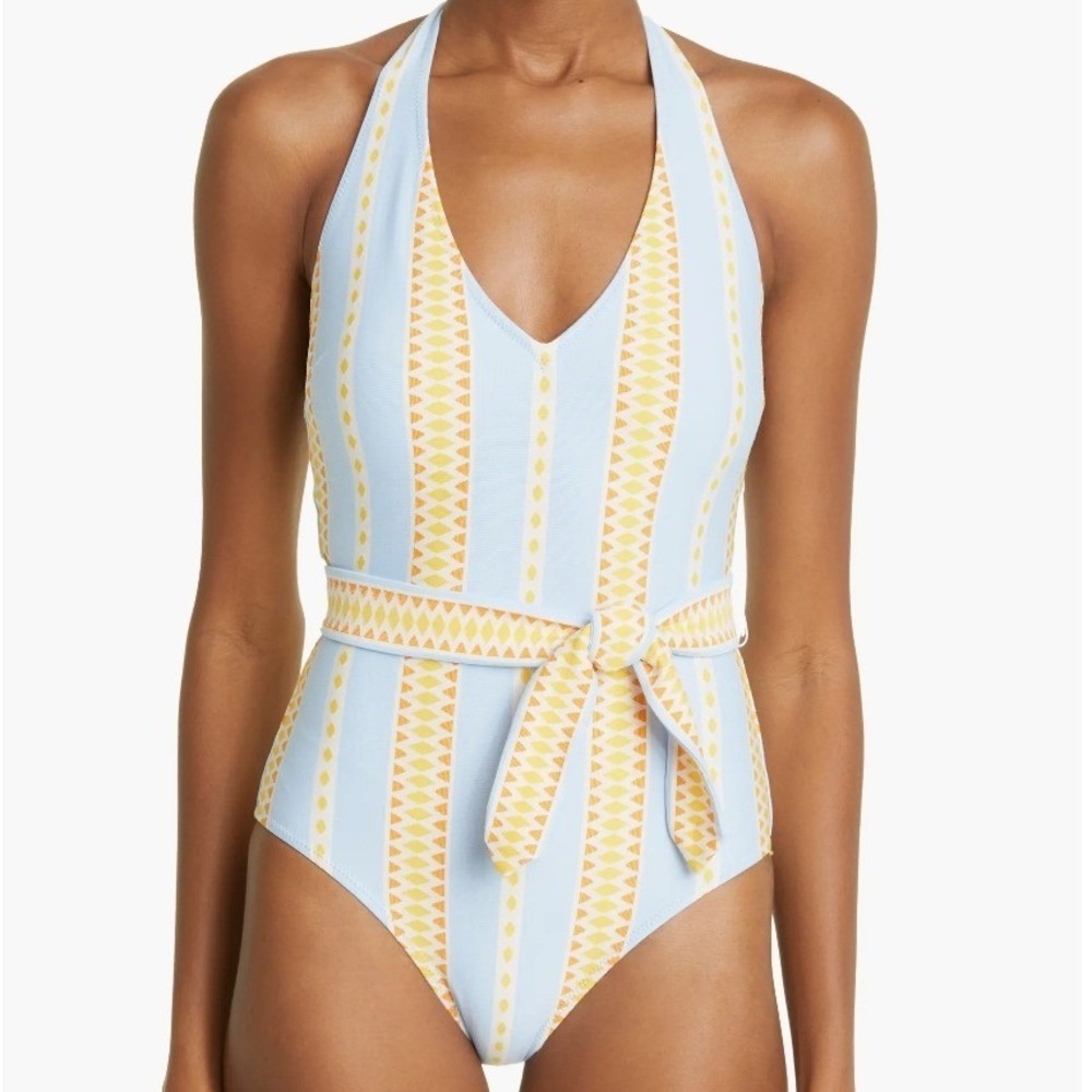 Lemlem by Liya Kebede Blue Yellow Striped Halter One Piece Swimsuit XL